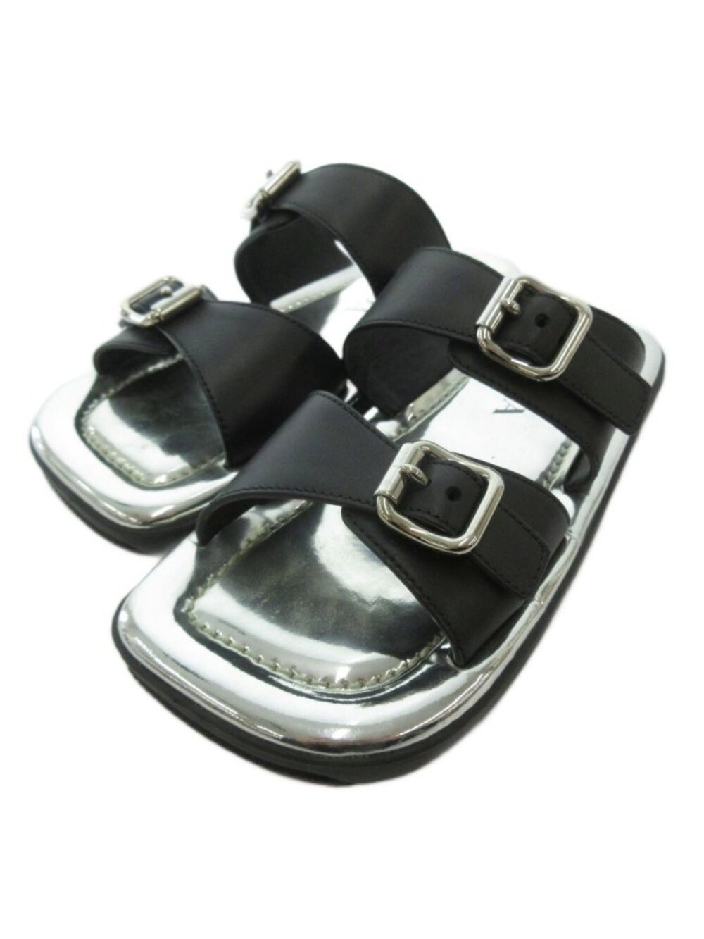 Prada Flat Sandals Slide Buckle Mode Square Toe Silver Colored Black MX